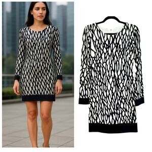 Y2K Cache Black White Foil-Dot Shimmer Long Sleeve Shift Mini Dress USA Size 4